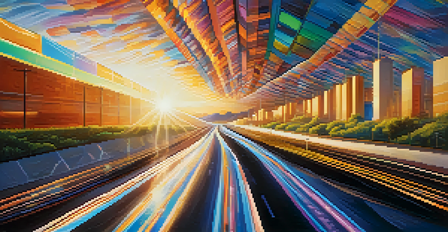 An abstract image of a highway with multiple lanes filled with colorful digital transactions, representing Ethereum 2.0's scalability and sustainability.