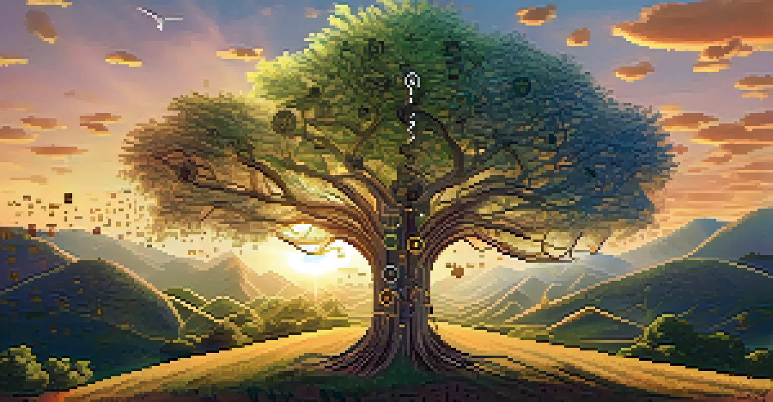 A harmonious blend of nature and technology, featuring a digital tree with circuit board branches and currency symbol leaves under a sunrise.