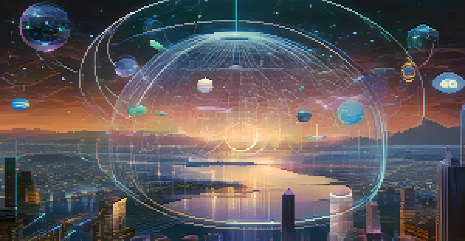 A futuristic image of oracles in DeFi represented as floating spheres of light connected by luminous threads, set in a digital landscape with a starry sky.