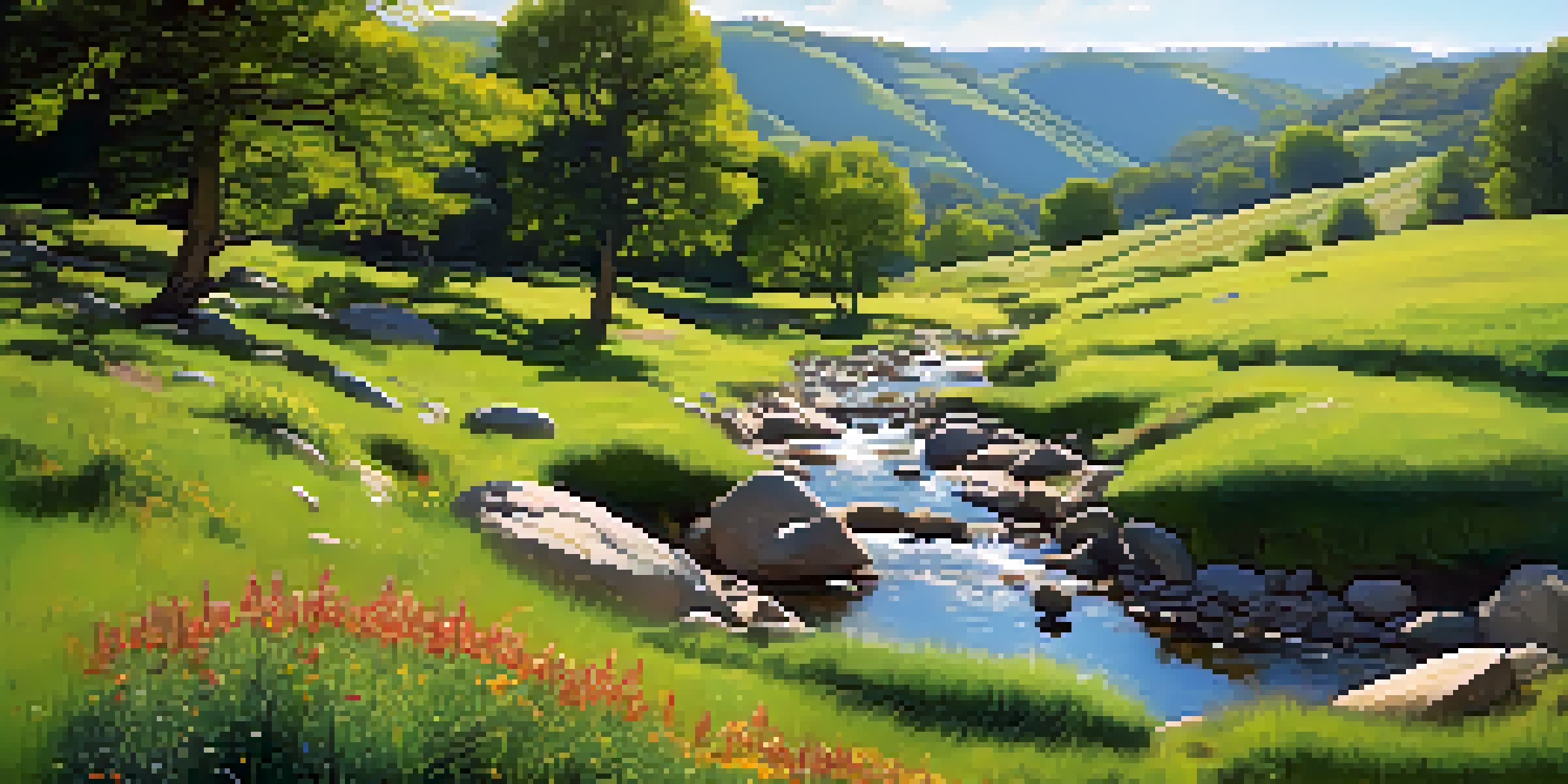 A lush green valley with rolling hills, a gentle stream, smooth stones, and vibrant wildflowers under a bright blue sky.