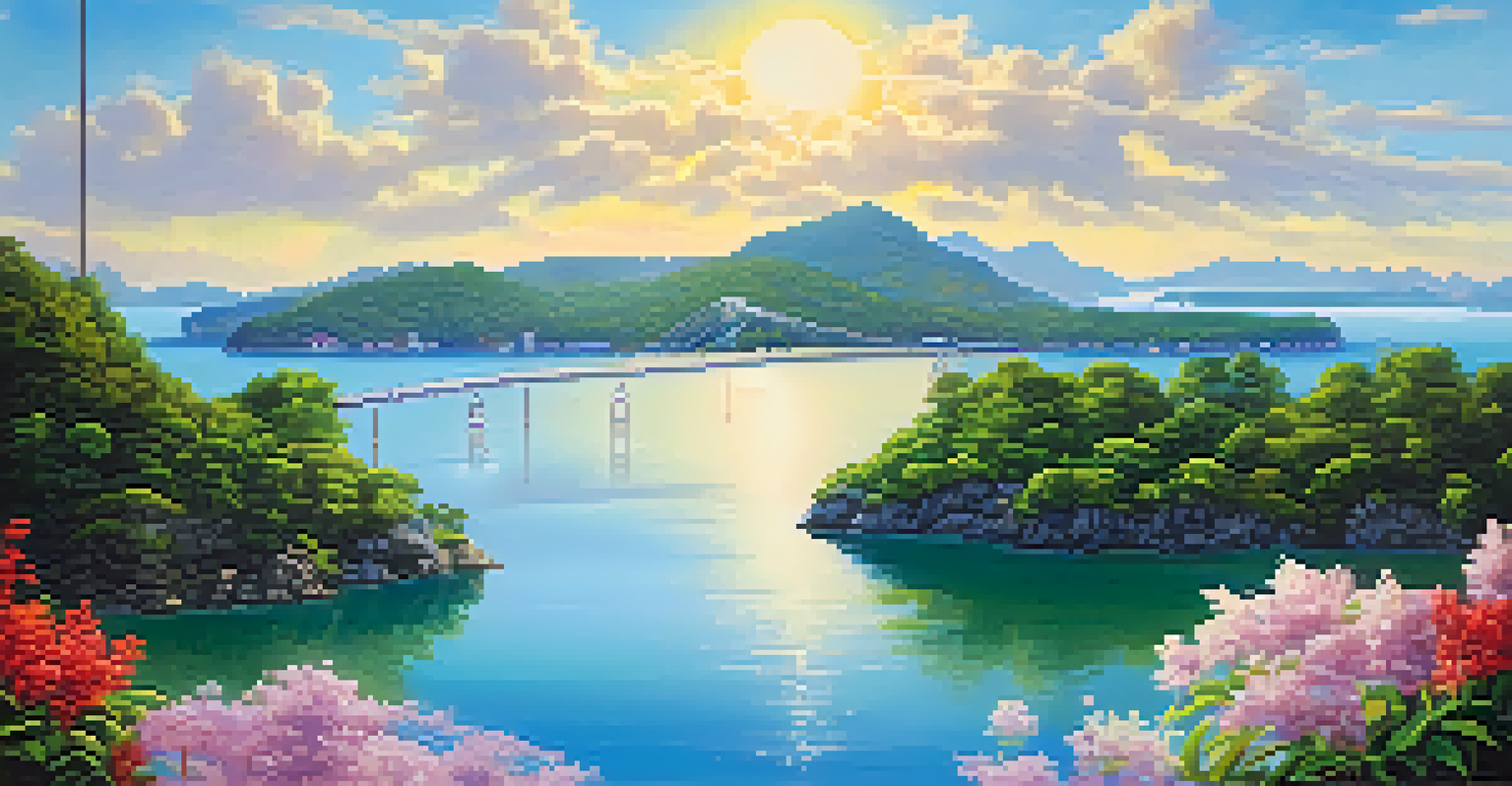 A beautiful light bridge connecting two islands in a clear sea, with a modern building and nature on either side.