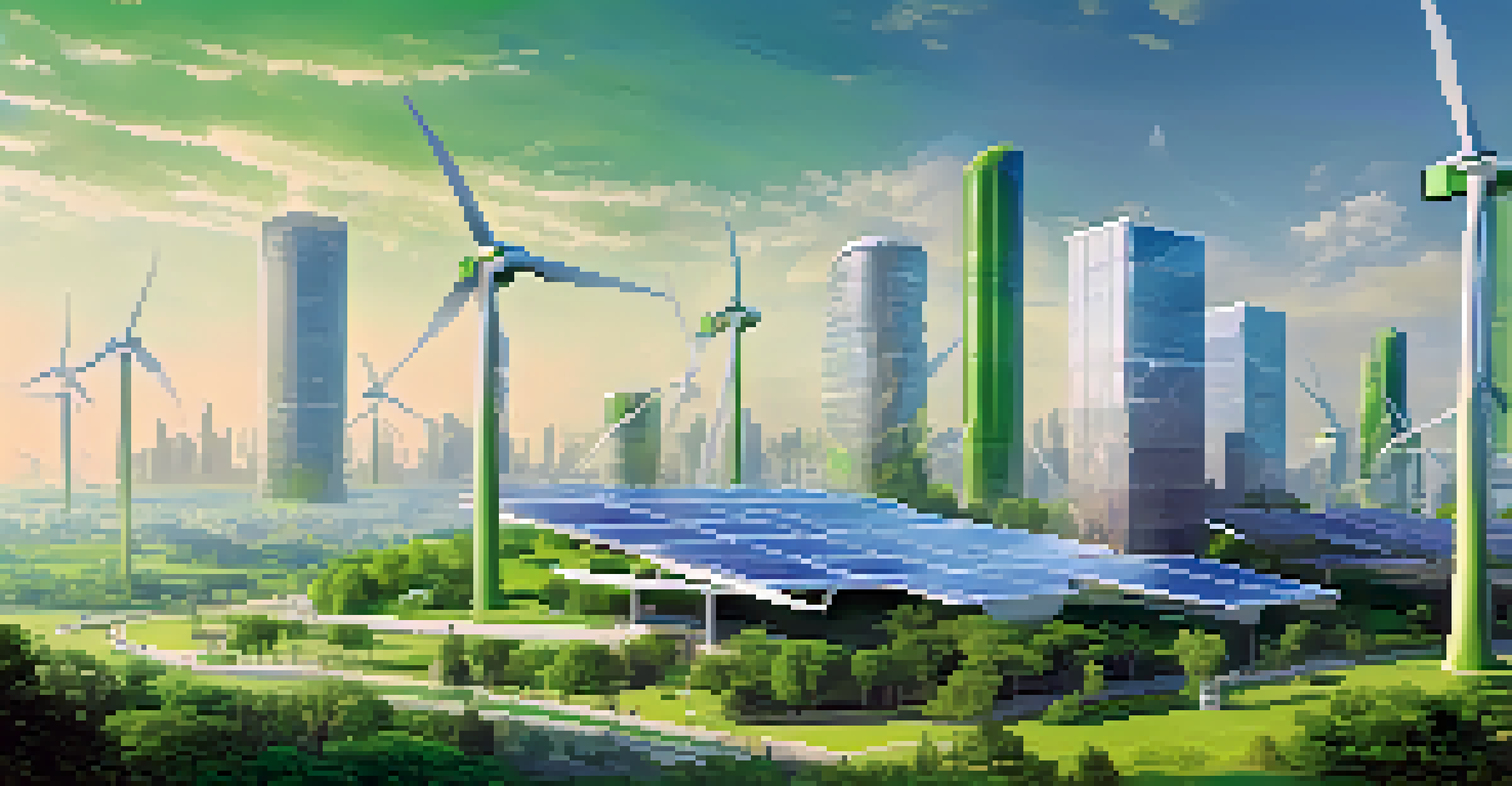 A futuristic cityscape with buildings shaped like data nodes and green spaces, showcasing eco-friendly technology.