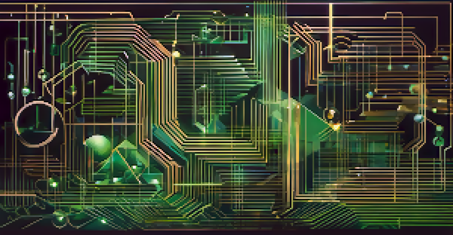 An abstract illustration of a decentralized finance ecosystem with geometric shapes and glowing connections.