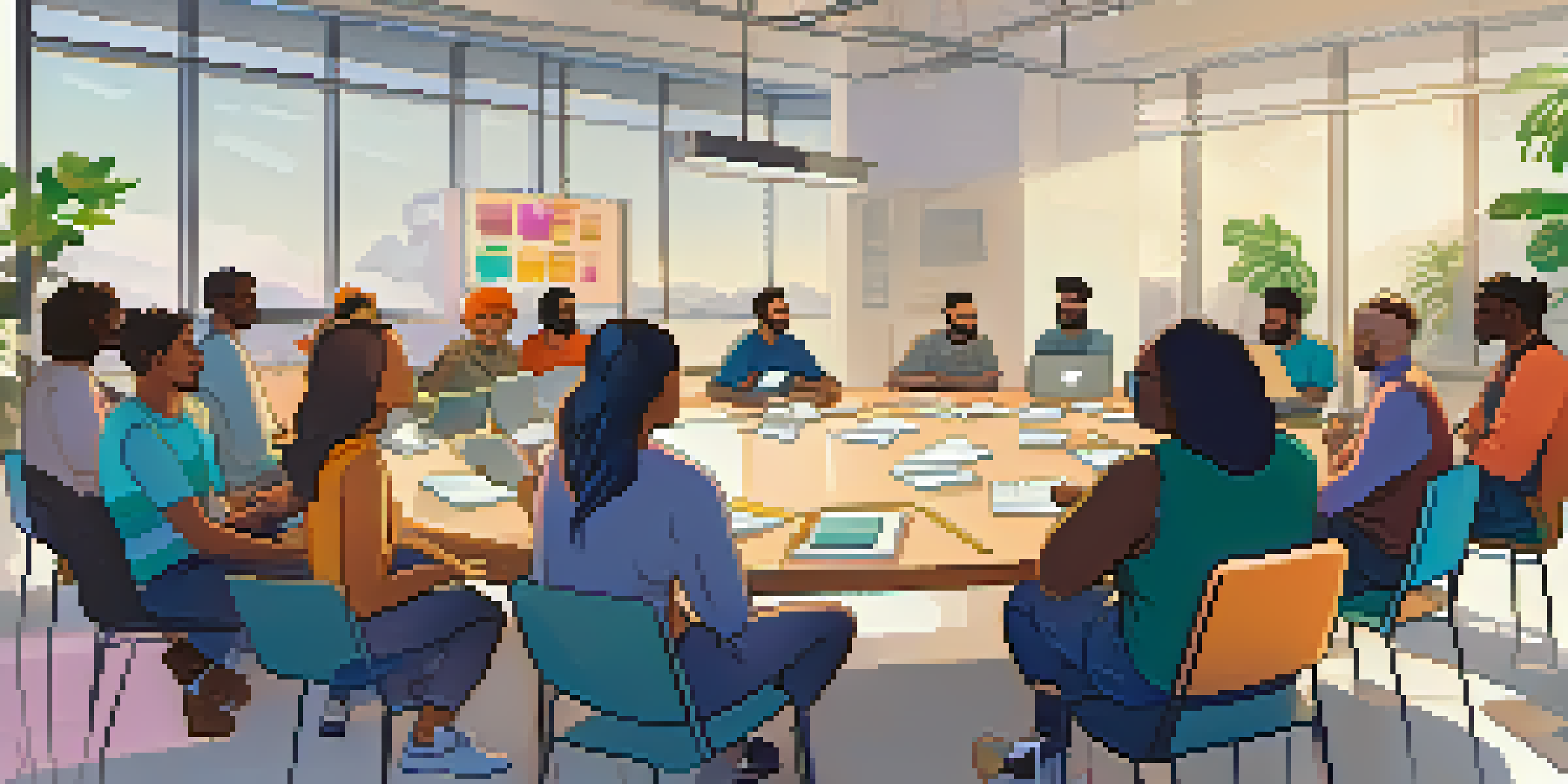 A colorful depiction of a diverse group of people engaged in a community meeting about Ethereum governance, surrounded by laptops and notes in a well-lit room.