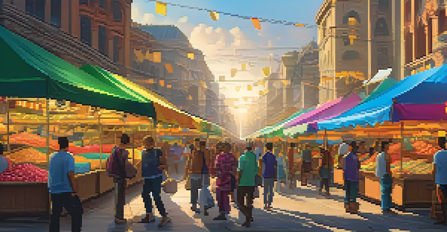 An abstract representation of Ethereum as a vibrant marketplace with stalls and banners, illustrating cross-chain interactions.