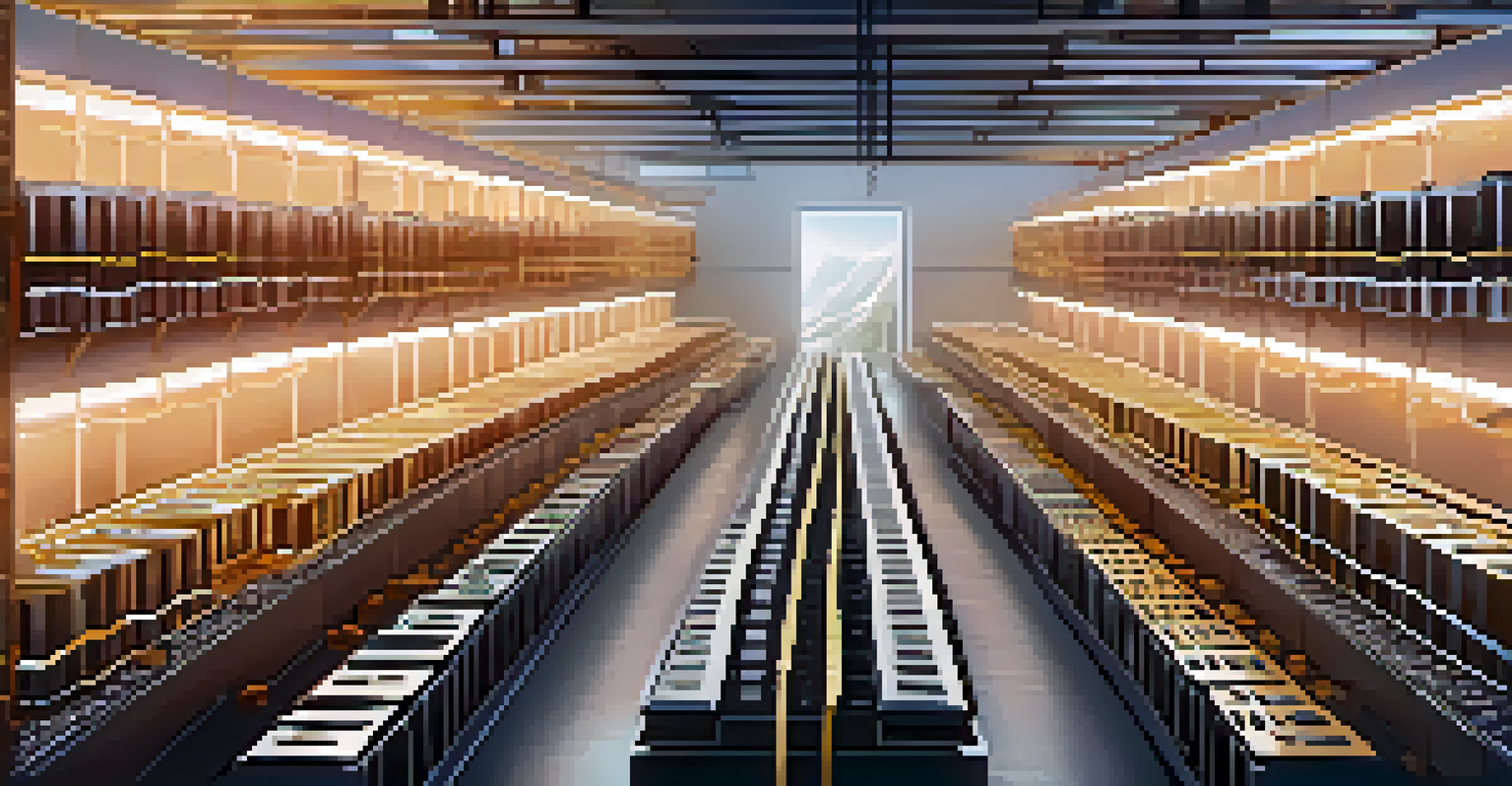 A bird's eye view of a mining farm with rows of mining hardware and cooling systems.