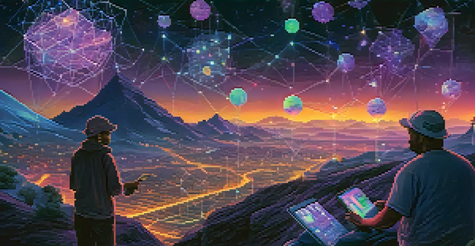 A digital landscape illustrating a decentralized Ethereum network with glowing nodes and miners collaborating around a holographic interface.