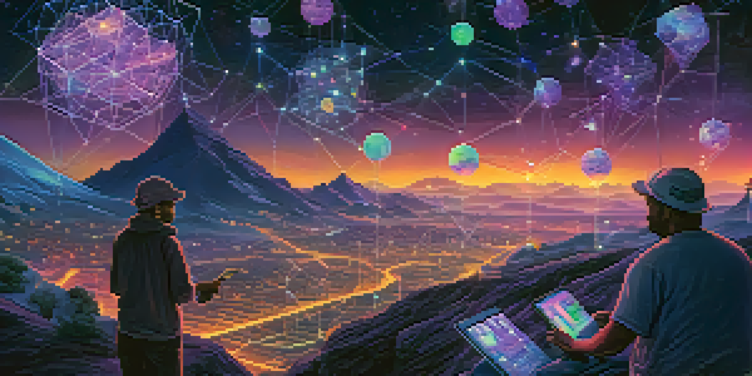 A digital landscape illustrating a decentralized Ethereum network with glowing nodes and miners collaborating around a holographic interface.