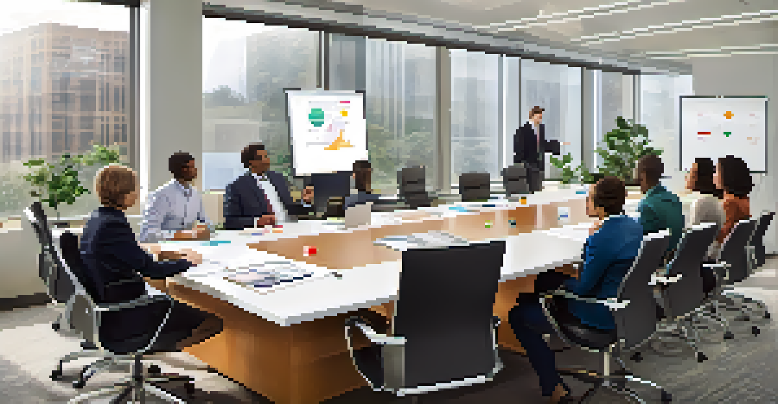 A diverse group of professionals in an office discussing social tokens with charts on a whiteboard.