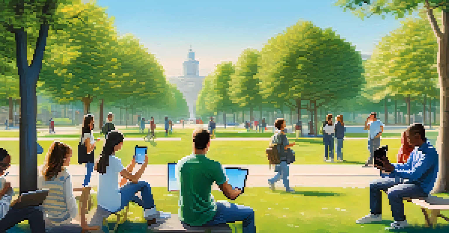 A peaceful park scene with individuals using smartphones and tablets, symbolizing trust and security in decentralized identity solutions.