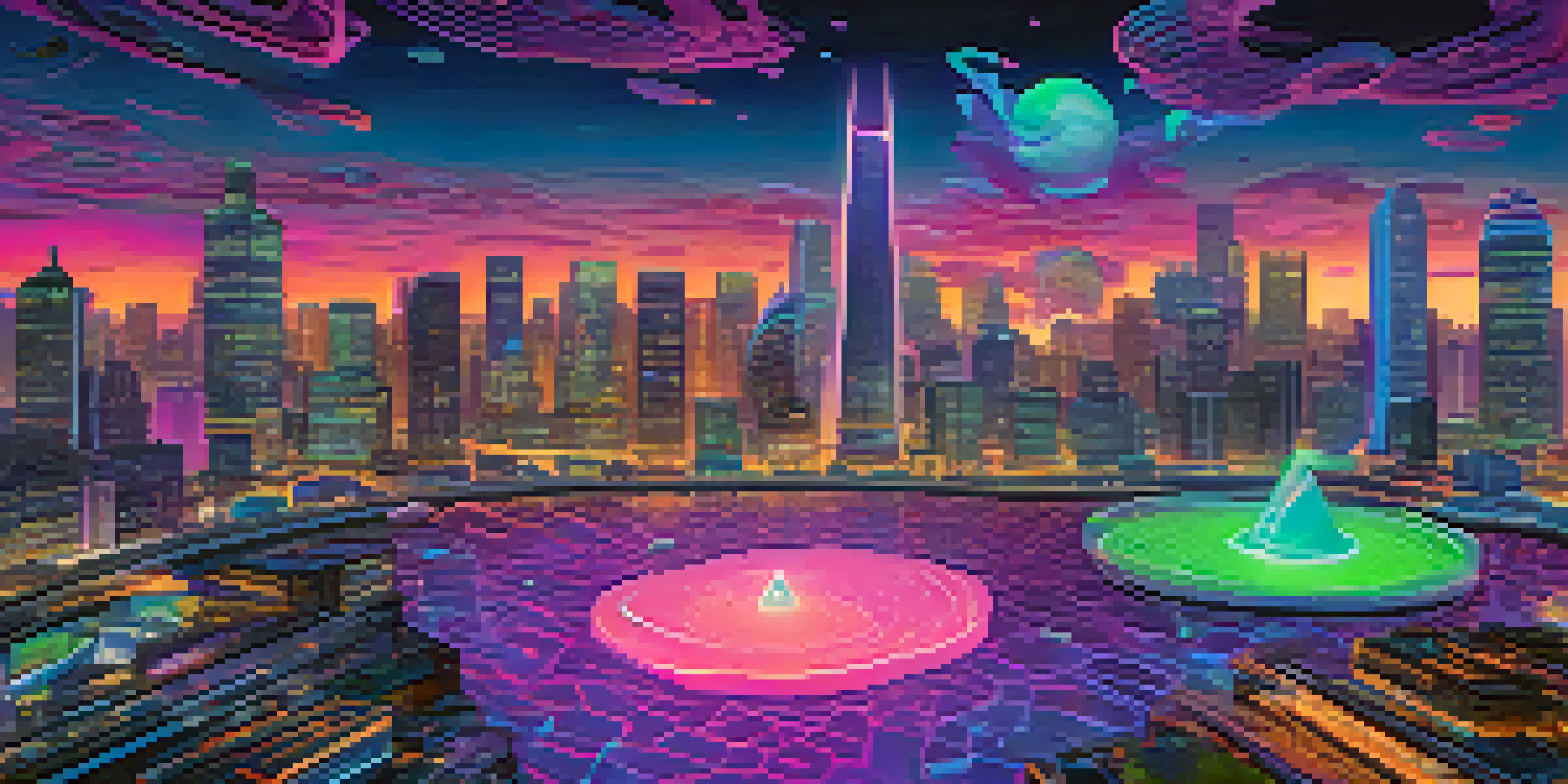 A colorful digital scene showcasing a futuristic city skyline with liquidity pools represented as flowing streams of assets, with users interacting with digital trading interfaces.