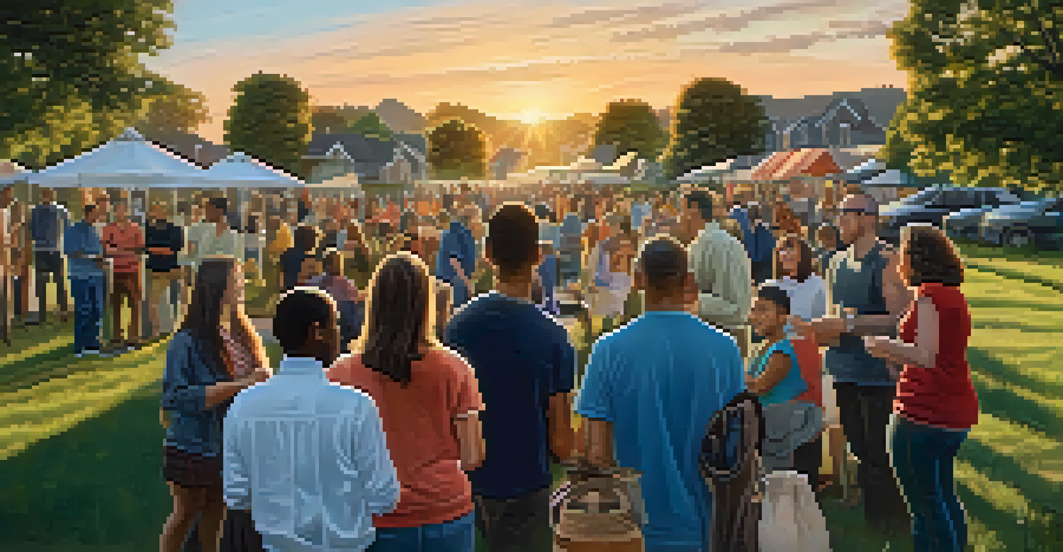 A community gathering outdoors at sunset, with individuals engaged in discussions about social tokens, showing enthusiasm and connection.