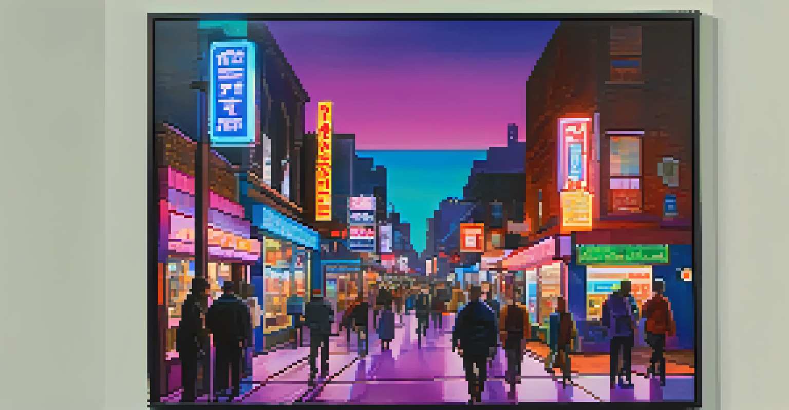 A lively city street at night with neon lights and people walking.