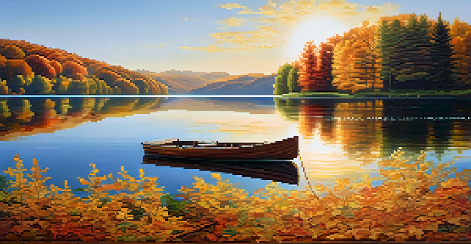 A peaceful lake scene with mountains, clear sky, and a small boat on the water.