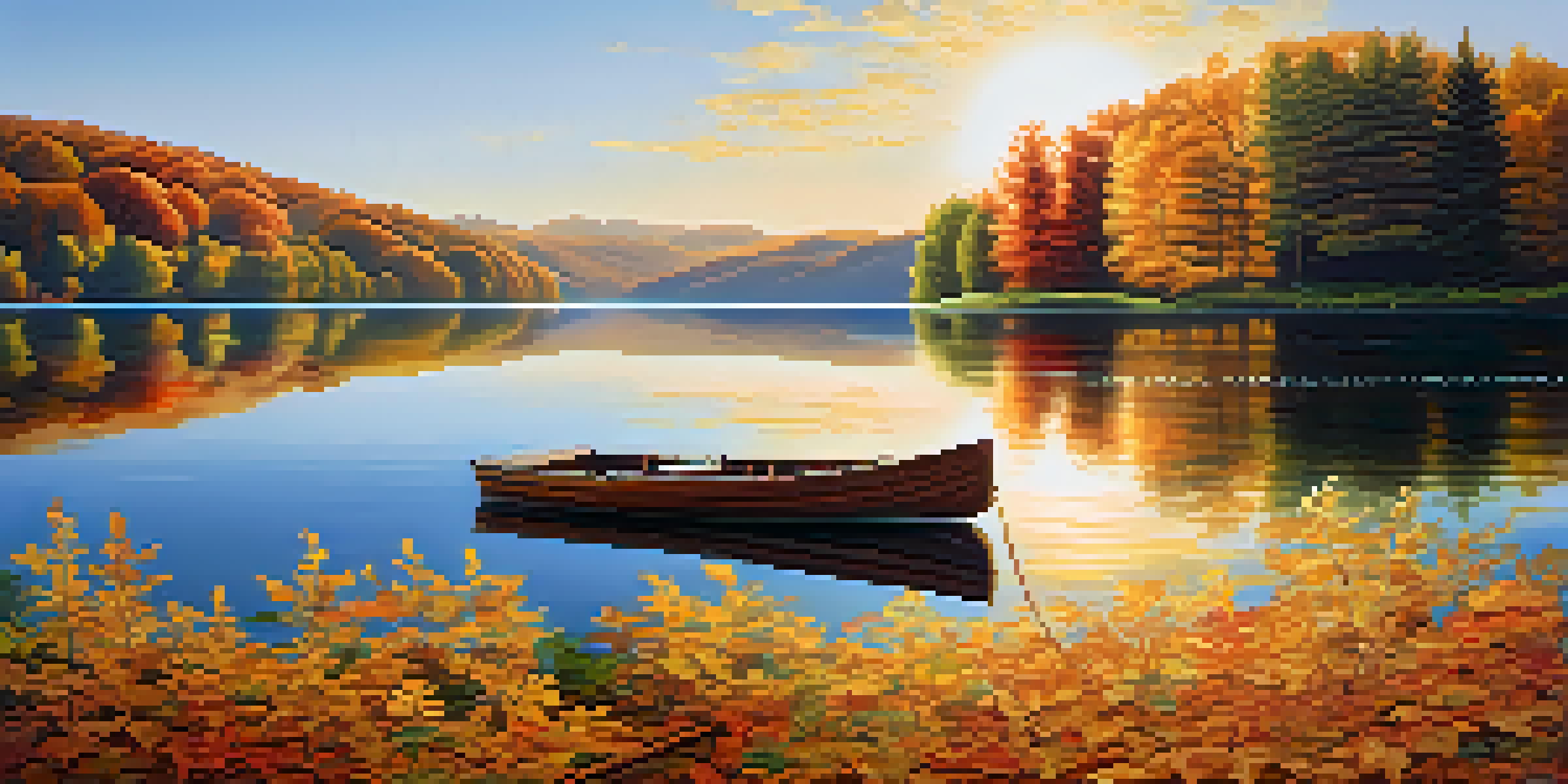 A peaceful lake scene with mountains, clear sky, and a small boat on the water.
