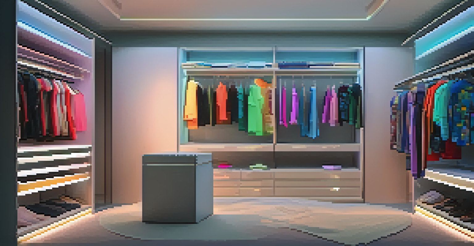 A digital closet showcasing a variety of unique virtual clothing items, illuminated by soft lighting with a glowing effect.