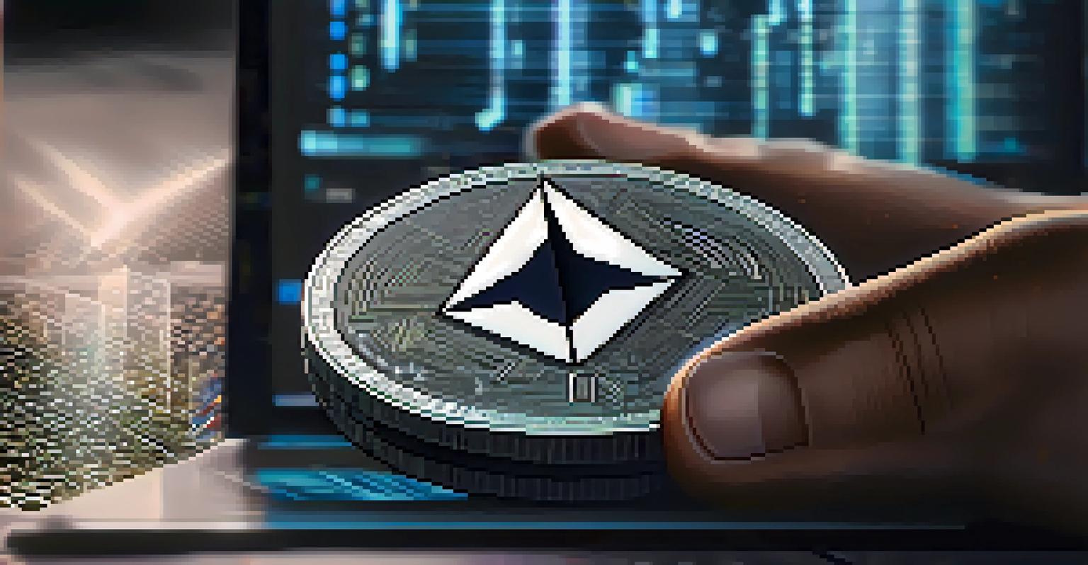 A close-up image of hands holding Ethereum coins in front of a computer screen with blockchain code.