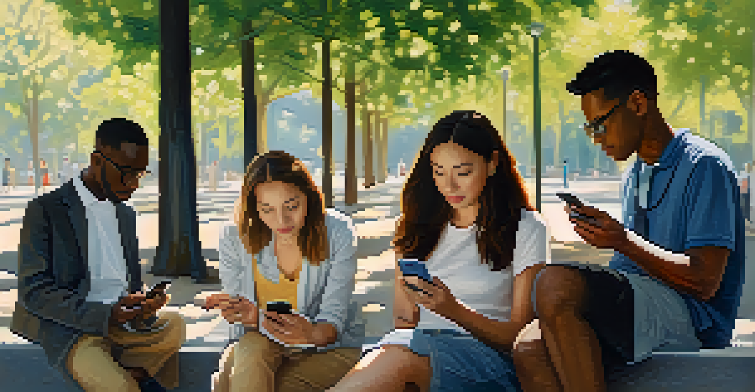 A diverse group of individuals in a park using smartphones for identity verification, surrounded by nature.