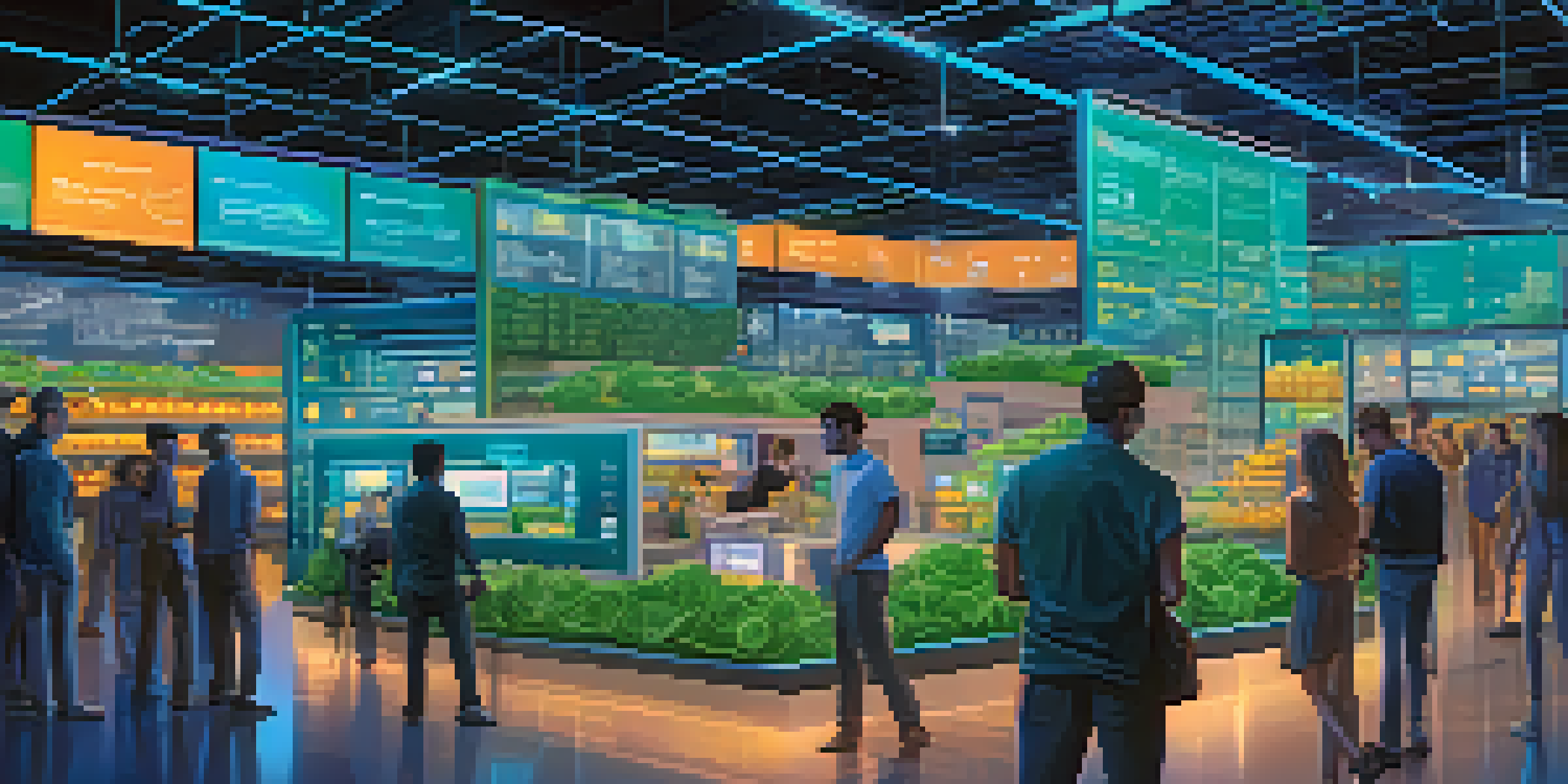 A lively digital marketplace showing people trading and lending in a vibrant decentralized finance environment, with holographic cryptocurrency displays.