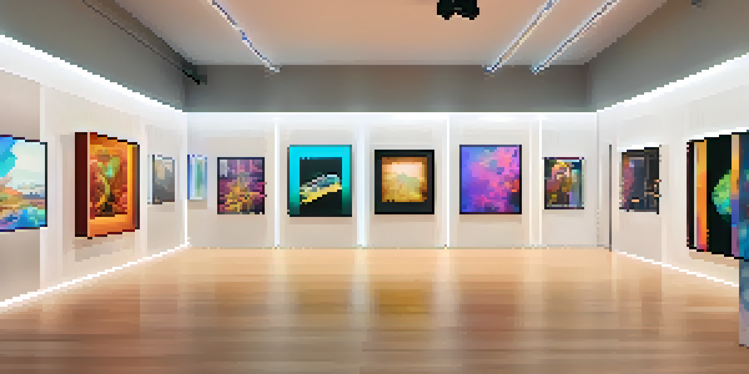 A digital art gallery filled with colorful abstract artworks displayed on the walls and illuminated by soft spotlights, with digital screens providing information about the NFTs.