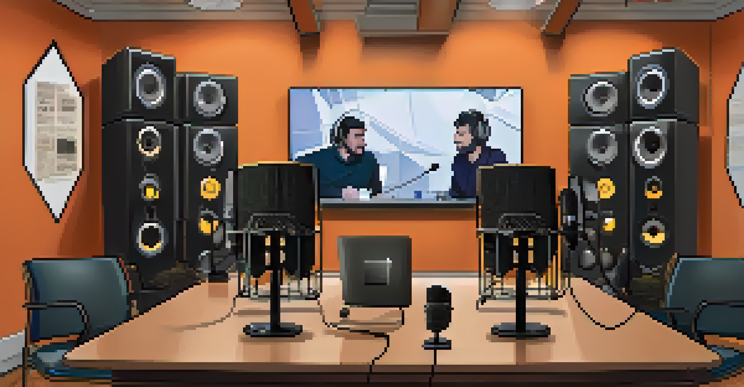 A vibrant podcast studio with microphones and headphones, decorated with blockchain podcast posters and a round table for discussion.