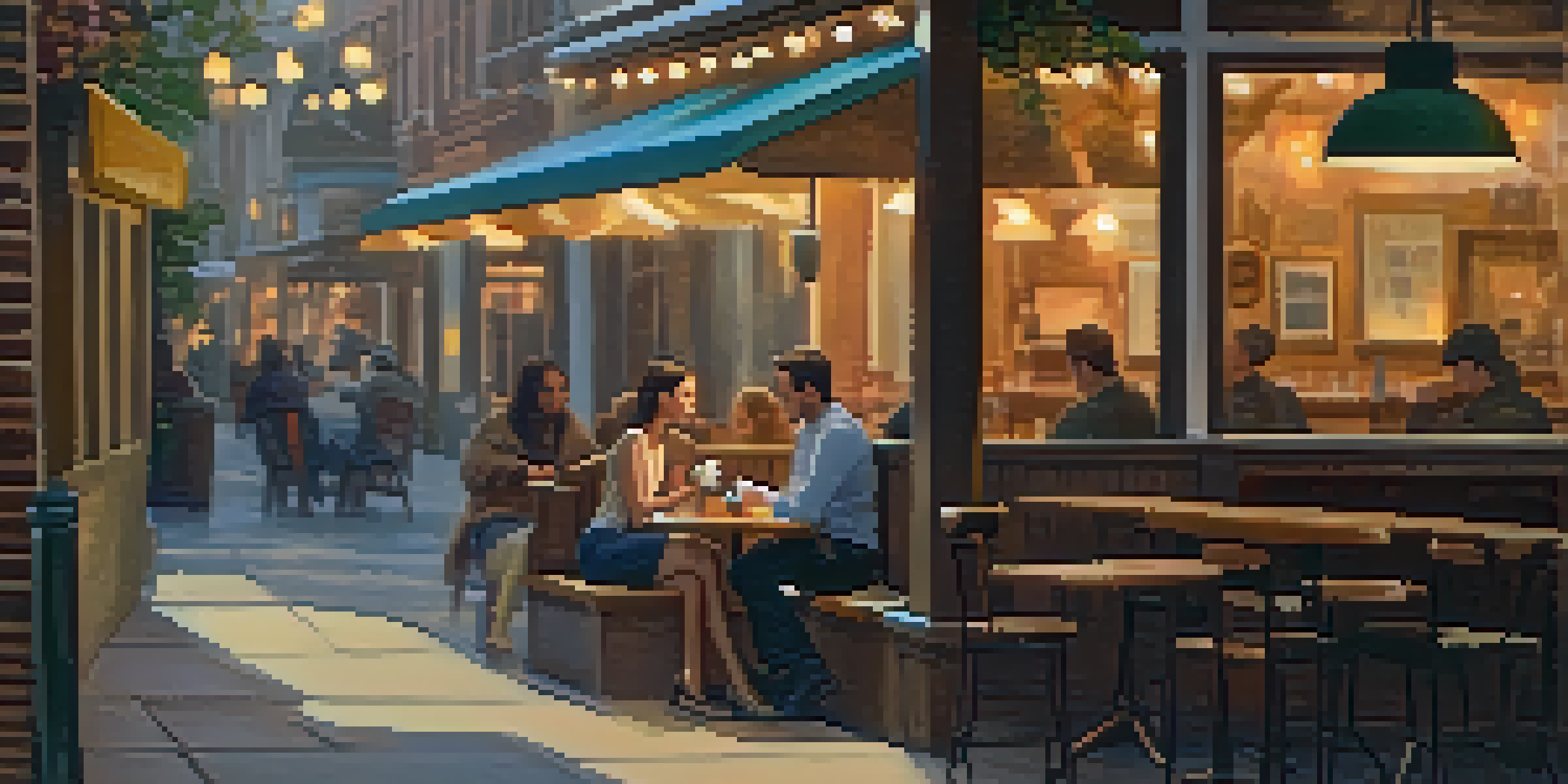 Two friends talking at a small table in a cozy coffee shop, with a warm and lively atmosphere in the background.