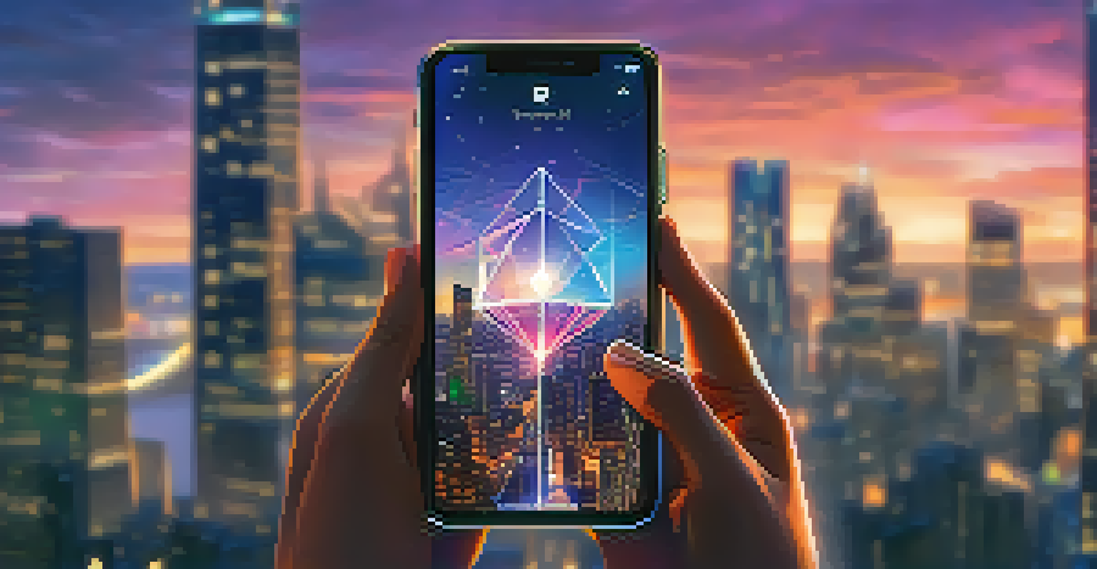 Close-up of hands holding a smartphone showing an Ethereum wallet app against a blurred city skyline.