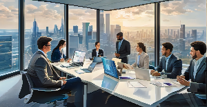 A diverse group of professionals in a modern office discussing data integrity, with digital screens displaying blockchain data.