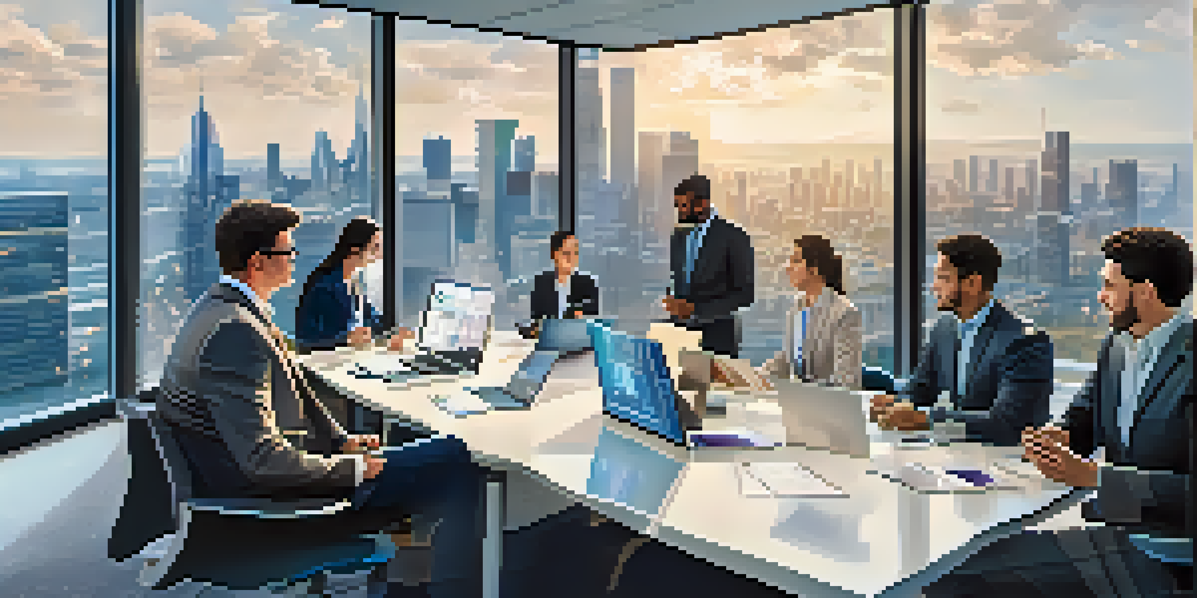 A diverse group of professionals in a modern office discussing data integrity, with digital screens displaying blockchain data.