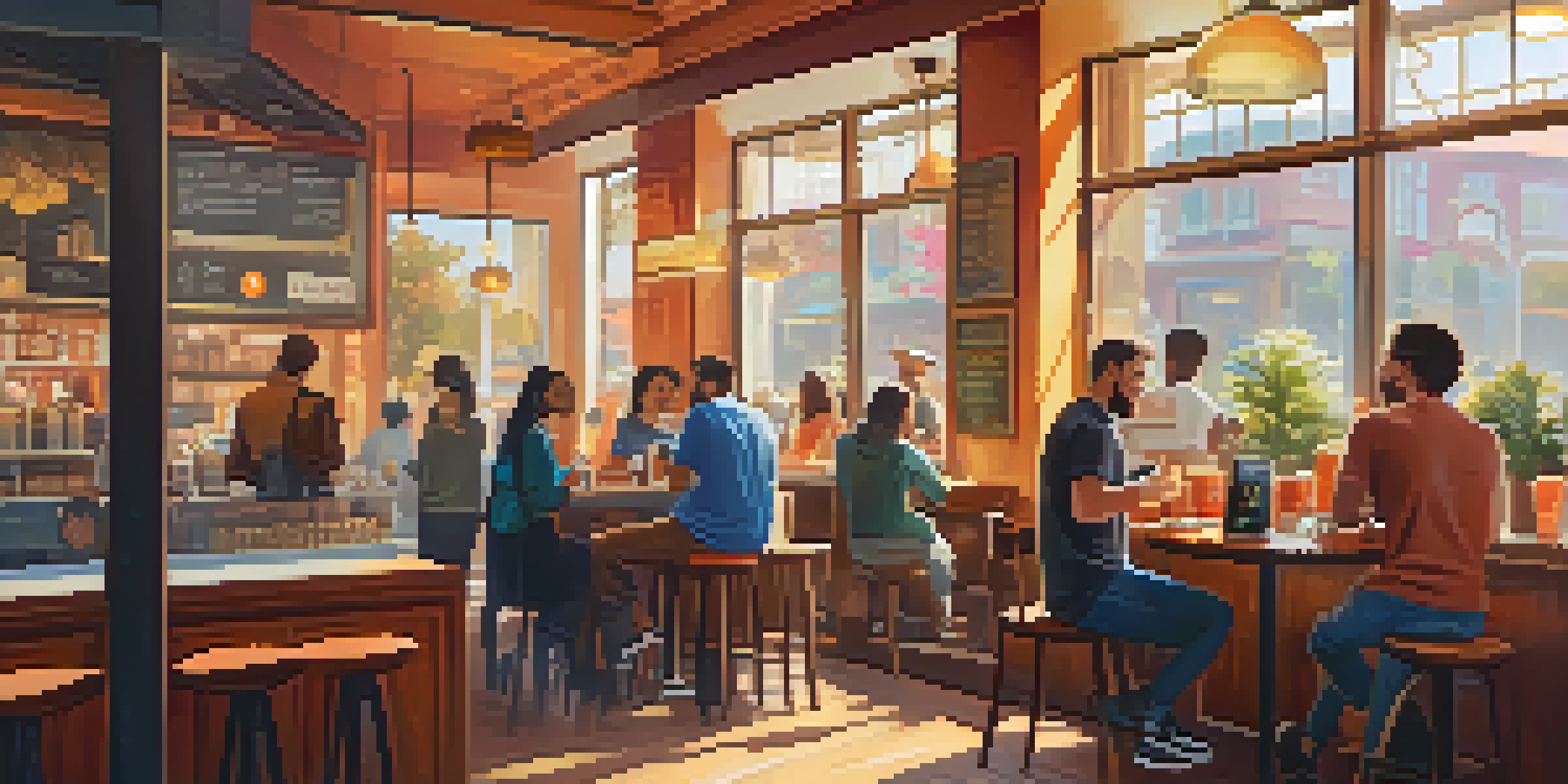 A lively coffee shop where a customer is making a payment using a smartphone, with baristas and customers in the background, illuminated by sunlight.