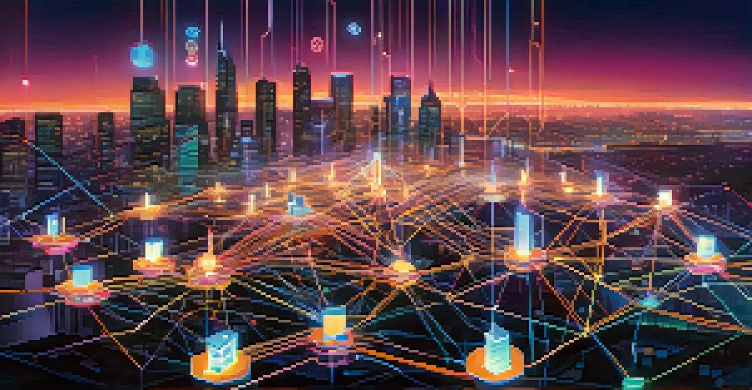A futuristic image representing a DAO, with glowing governance tokens and interconnected nodes against a digital cityscape.