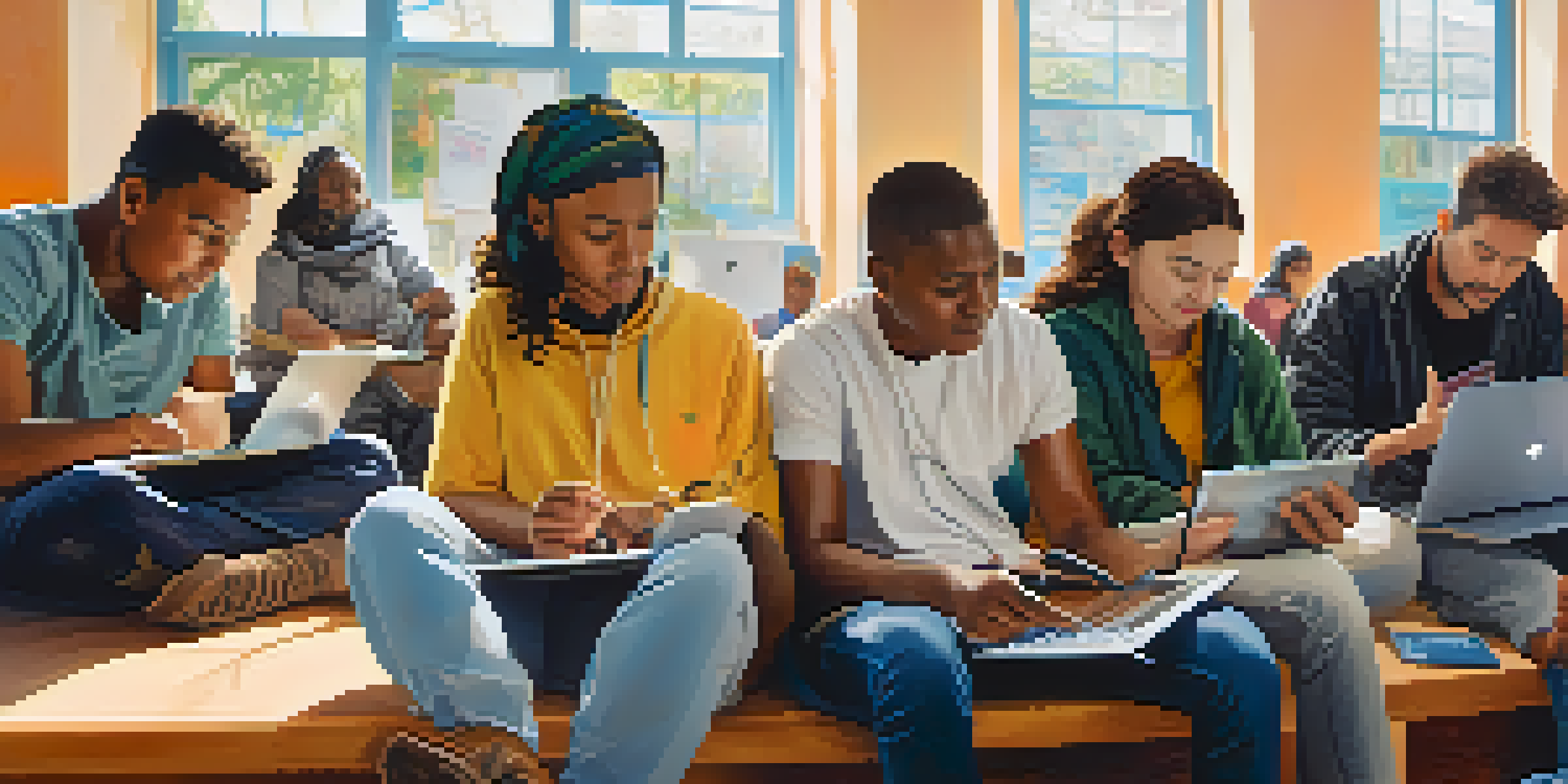A diverse group of refugees participating in a workshop on digital identity, seated in a bright community center with laptops and colorful posters around.
