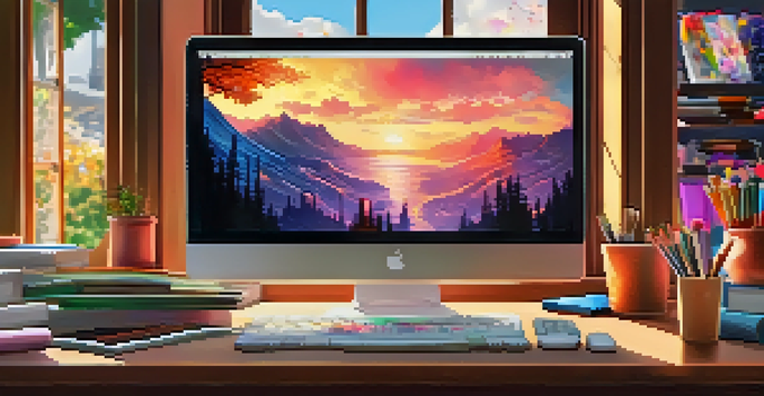 A digital artist's workspace with a tablet displaying colorful artwork, surrounded by art supplies and books, illuminated by natural light.