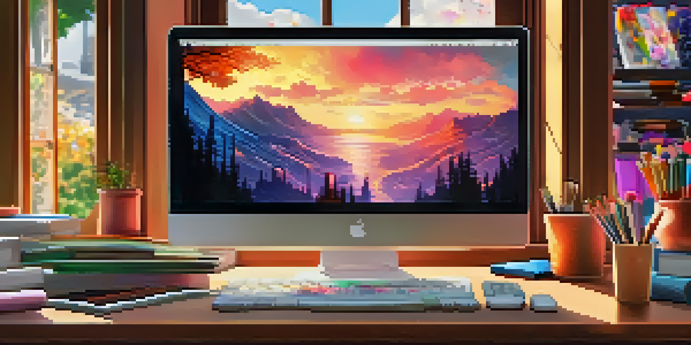 A digital artist's workspace with a tablet displaying colorful artwork, surrounded by art supplies and books, illuminated by natural light.