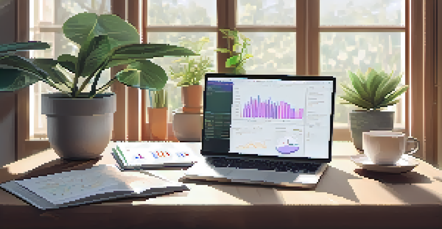 A peaceful digital workspace with a laptop showing finance graphs, a plant, and a coffee cup, bathed in natural light.