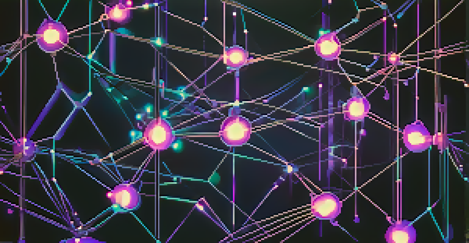 An abstract illustration of interconnected blockchain nodes glowing in a dark environment, representing interoperability between different blockchain networks.