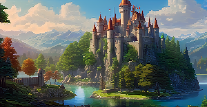 A fantasy game world featuring a castle, a lake, and characters trading unique items, symbolizing blockchain security.
