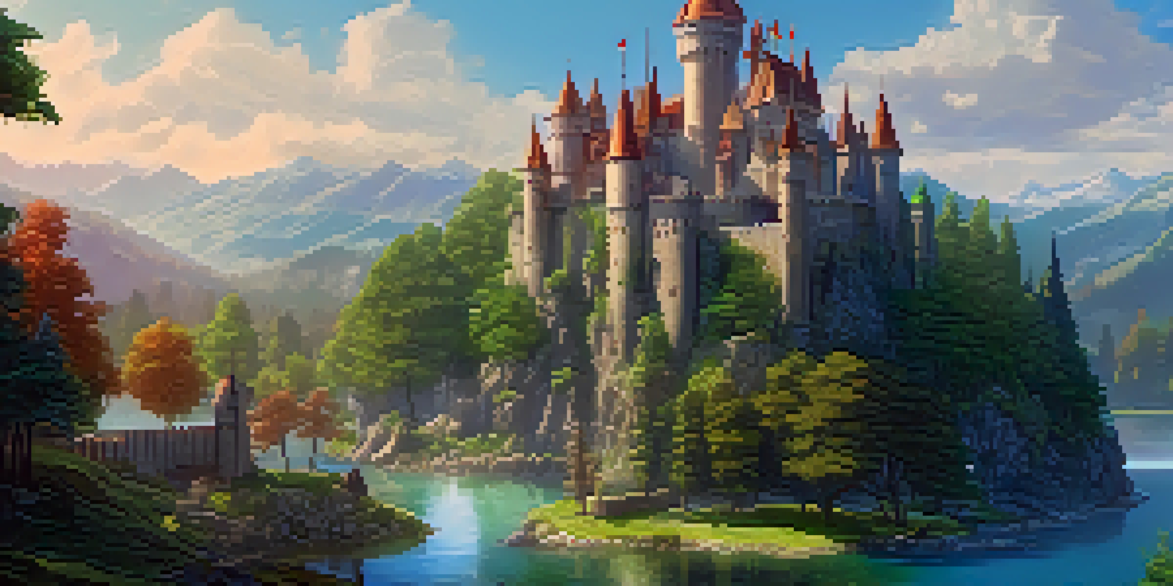 A fantasy game world featuring a castle, a lake, and characters trading unique items, symbolizing blockchain security.