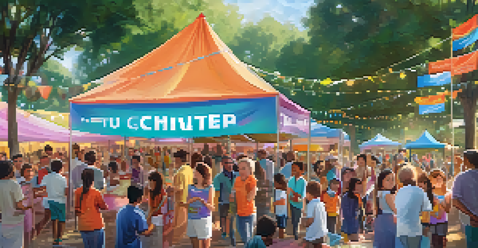 A community charity event with people enjoying activities, colorful banners, and a digital screen tracking Ethereum donations.