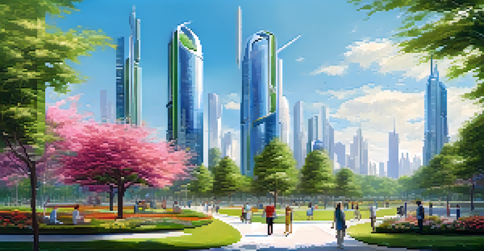 A futuristic city with transparent buildings and green spaces, showcasing harmony between nature and technology.