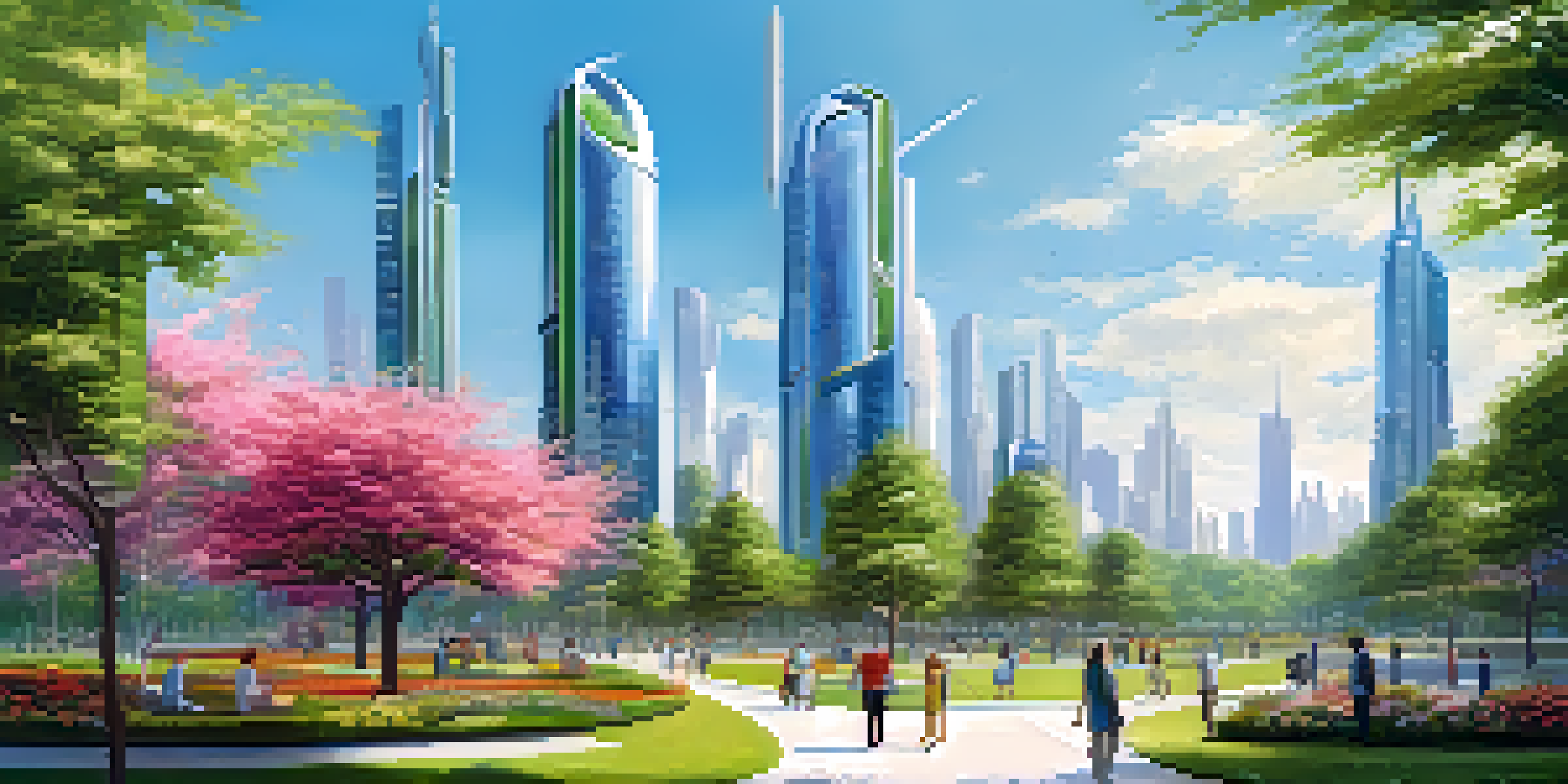 A futuristic city with transparent buildings and green spaces, showcasing harmony between nature and technology.