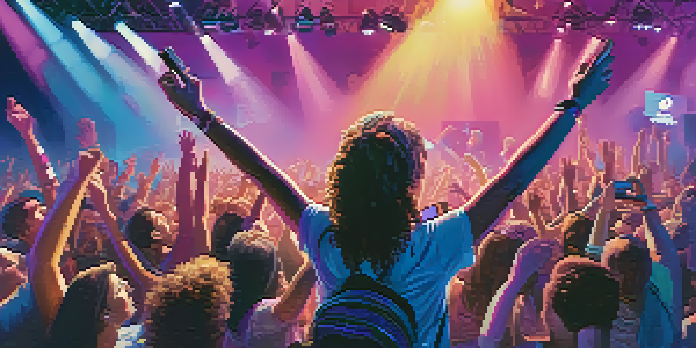 A musician performing on stage with colorful lights and an excited audience holding their phones displaying social tokens.