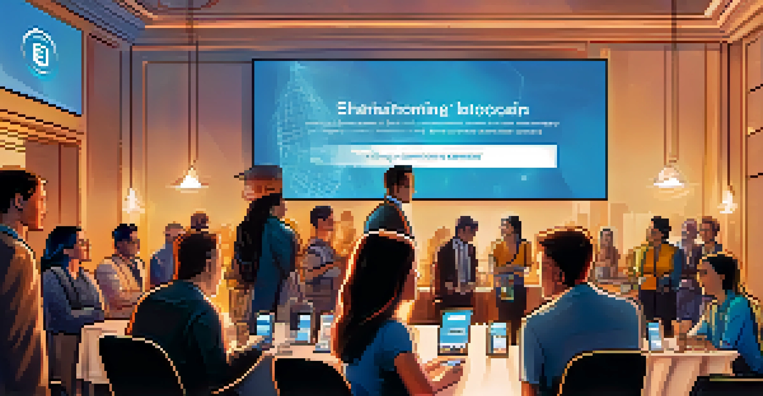 A vibrant networking event with people discussing blockchain technology in front of an Ethereum logo backdrop.