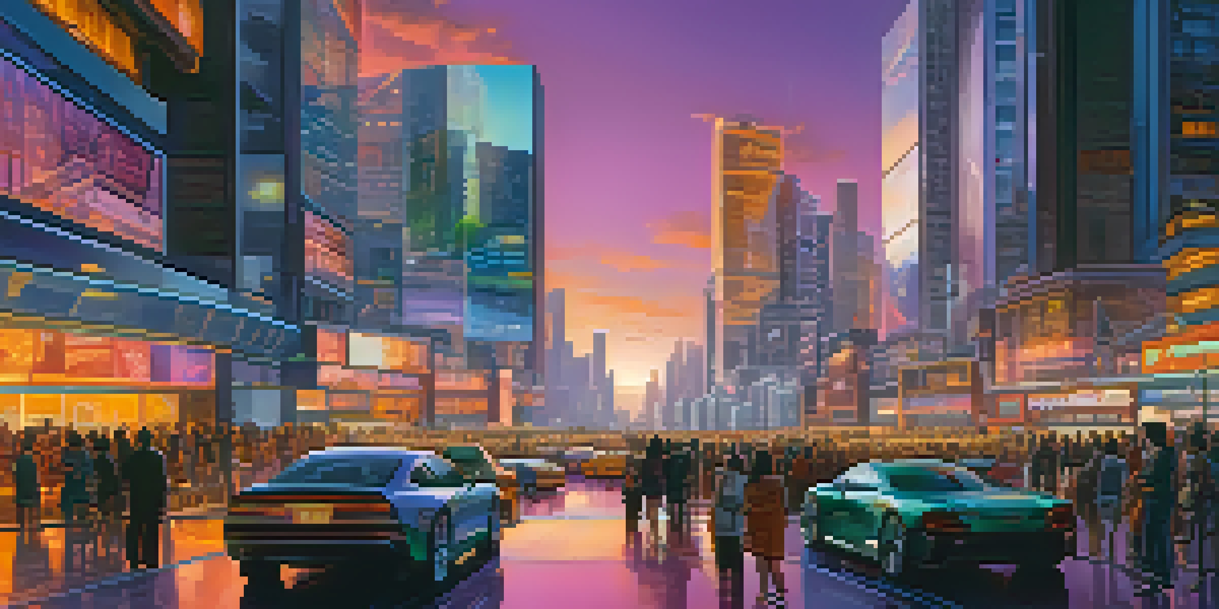 A lively futuristic cityscape at dusk with glowing skyscrapers and diverse people in the streets, illuminated by a colorful sunset.