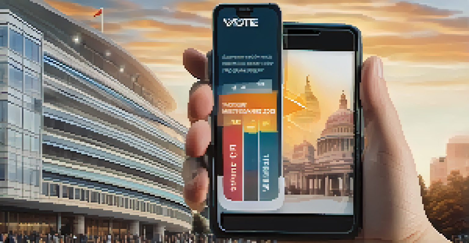A close-up of a hand holding a smartphone with a voting interface, set against the background of a government building, emphasizing technology in governance.