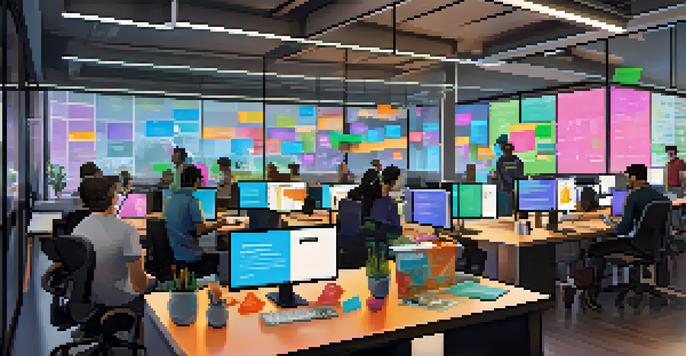 A diverse group of developers working together in a bright and modern workspace, with screens showing code and colorful sticky notes, surrounded by tech gadgets.