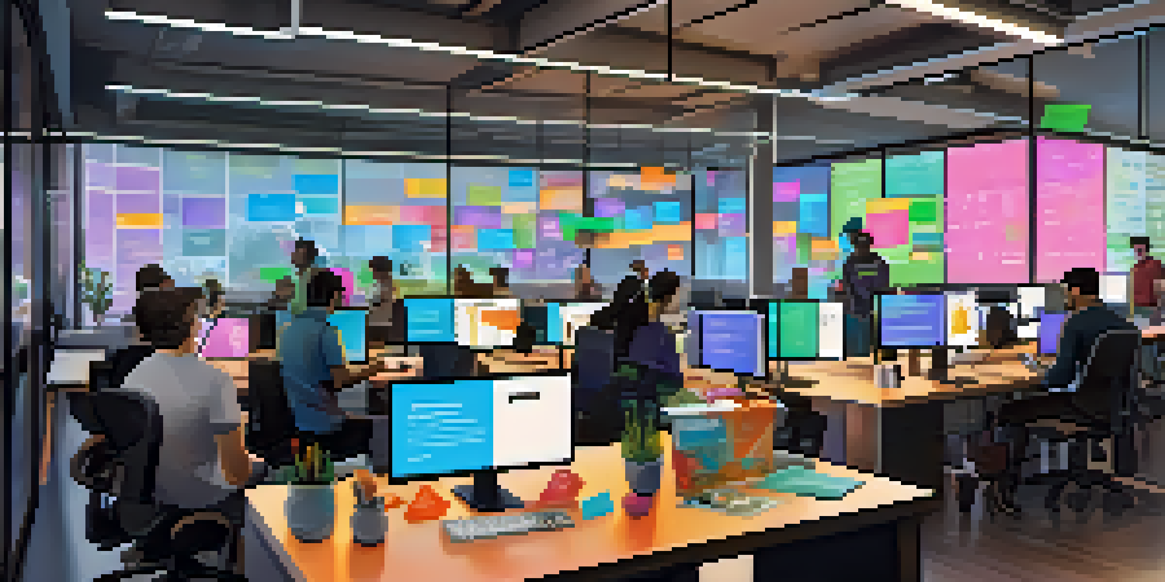 A diverse group of developers working together in a bright and modern workspace, with screens showing code and colorful sticky notes, surrounded by tech gadgets.