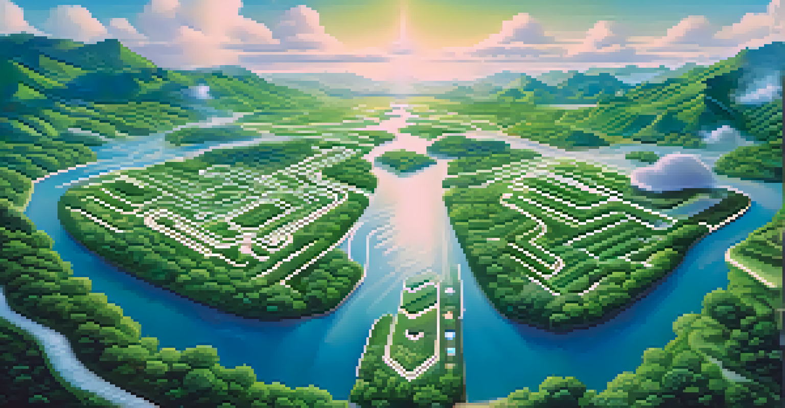 A peaceful landscape featuring a river of digital code flowing between green hills with futuristic buildings, depicting decentralized finance.