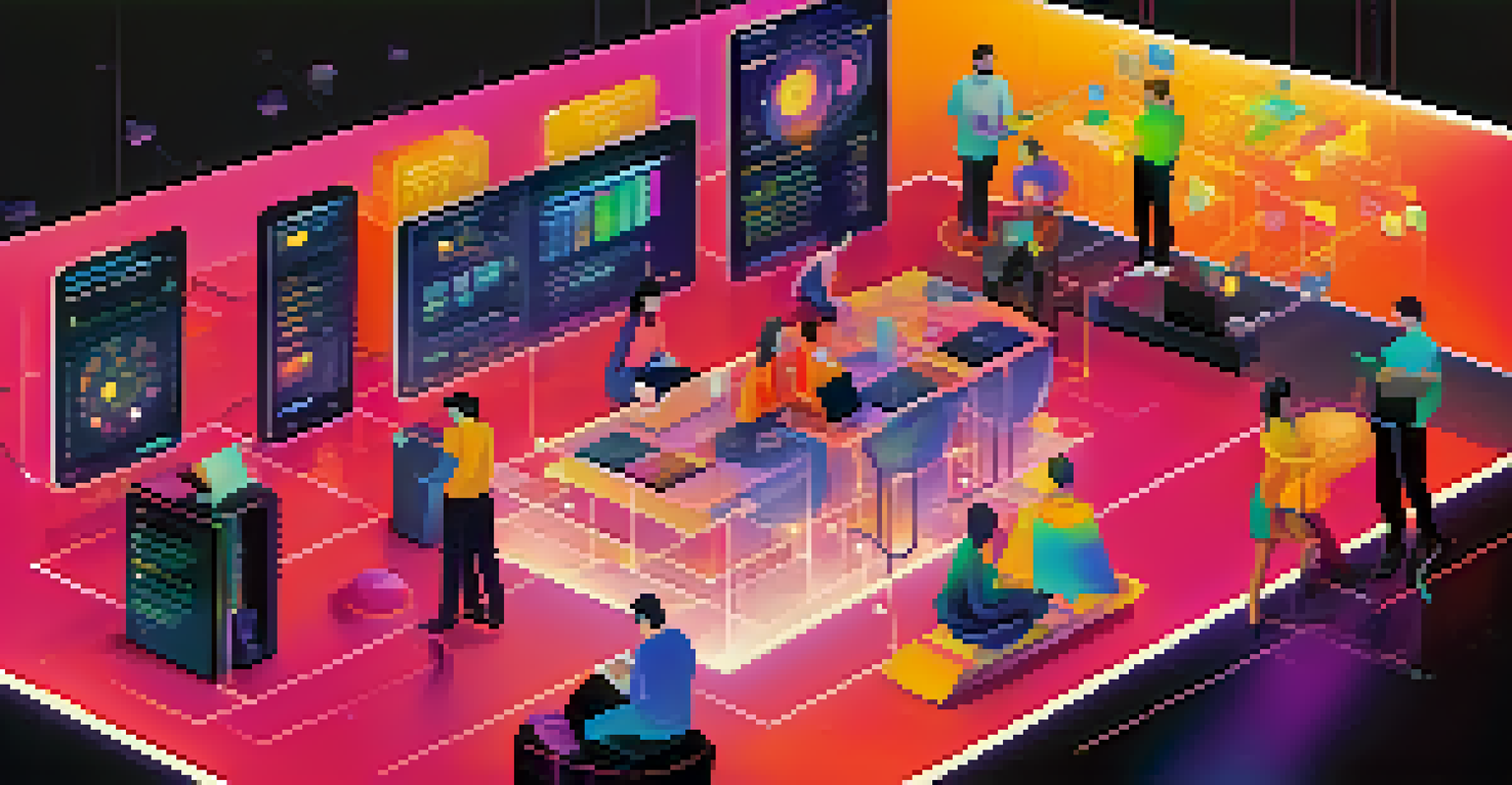 Users engaging with a decentralized finance application on their devices, with vibrant graphics of financial data and blockchain technology around them.