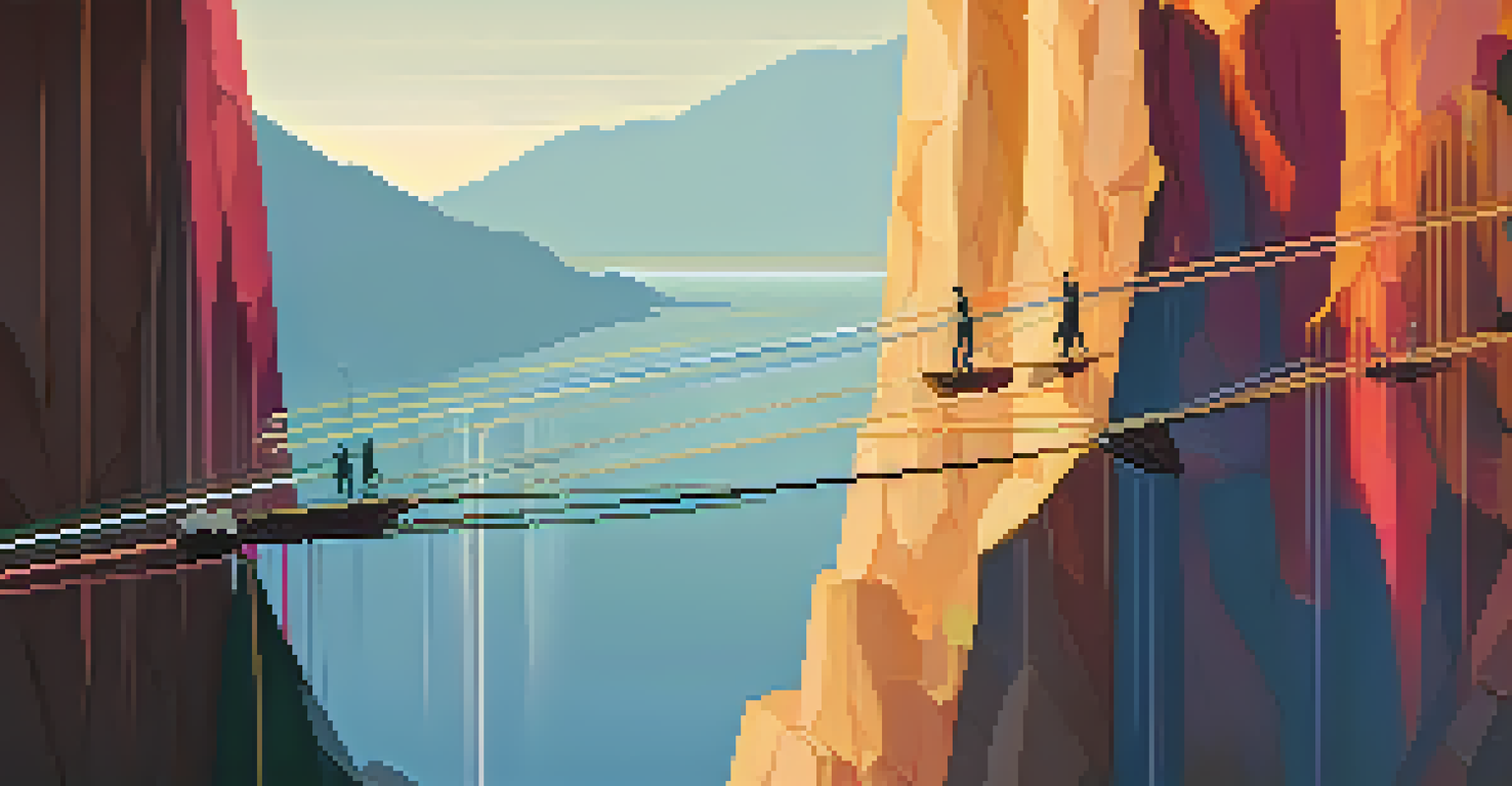 An abstract image of a tightrope walker balancing between two cliffs, representing the risks and rewards of decentralized margin trading.